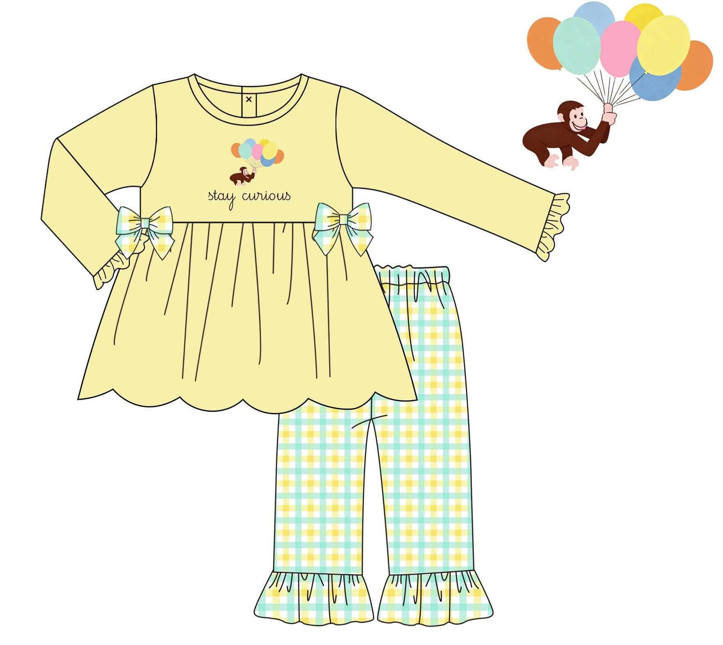 A children's two-piece set shown as a flat illustration on a white background. The set includes a pale yellow long-sleeve top with bow details and a scalloped hem, paired with light blue and yellow plaid pants with ruffled hems.