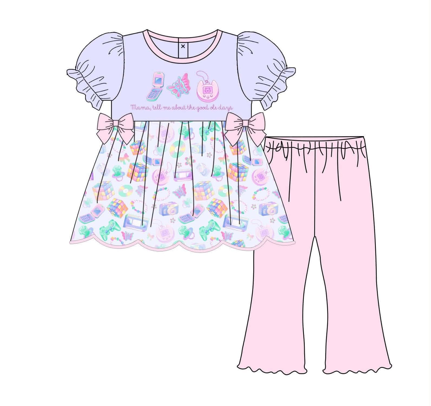 A children's two-piece outfit illustration featuring a light lavender top with ruffled sleeves, a multicolor candy print skirt with pink bow details, and light pink pants, shown on a plain white background.