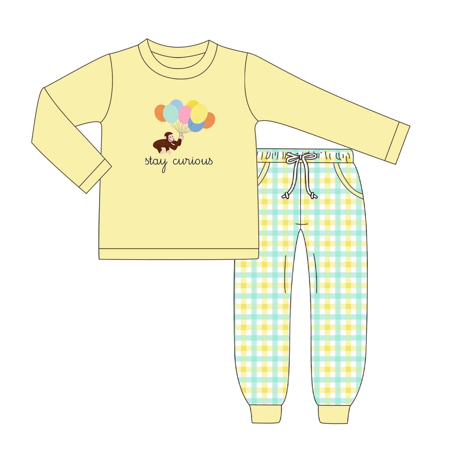 A children's set consisting of a pale yellow long-sleeve top with a balloon graphic and the words 'stay curious' and matching plaid pants in yellow and light blue, shown on a plain white background.