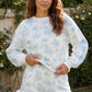 Sky Blue Floral Print Striped Detail Long Sleeve Top Ruffle Hem Shorts 2pcs Set