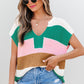 Pink Color Block Notch V Neck Sweater T Shirt