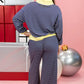 Blue Stripe Color Block Patchwork Zip V Neck Pullover Loose Pants 2pcs Set