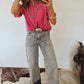 Blue Stripe Ruffled Short Puff Sleeve Button Front Blouse