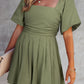 Sky Blue Brown Square Neck Ruched Puff Sleeve Romper
