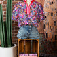 Purple Ditsy Floral Print Plaid Colorblock Trim V Neck Blouse