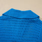 Sky Blue Solid Color Hollowed Knit Short Sleeve Zipper Collar Knitwear Top