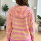 Rose Red Striped Long Sleeve Zip-Up Hoodie Drawstring Elastic Waist 2pcs Short Set