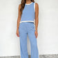 Sky Blue Colorblock Trim Cropped Tank Elastic Waist Shift Pants 2pcs Set