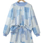 Sky Blue Patchwork Floral Print Drop Shoulder Baggy Pullover Drawstring Shorts Set