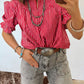 Blue Stripe Ruffled Short Puff Sleeve Button Front Blouse