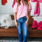 Pink Stripe Color Block Detail Split Neck Short Sleeve Blouse