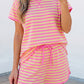 Pink Stripe Relaxed Short Sleeve Top Elastic Waist Drawstring Skort 2pcs Set