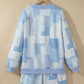 Sky Blue Patchwork Floral Print Drop Shoulder Baggy Pullover Drawstring Shorts Set