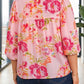Pink Plus Size Floral Print V Neck Tie Front Short Sleeve Tunic Top