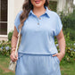 Mist Blue Solid Color Polo Tee Elastic Waist Shorts Plus Size Outfit