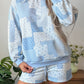 Sky Blue Patchwork Floral Print Drop Shoulder Baggy Pullover Drawstring Shorts Set