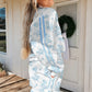 Sky Blue Floral Print Striped Detail Long Sleeve Top Ruffle Hem Shorts 2pcs Set