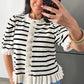 Beige Stripe Ruffle Trim Button Down Knit Short Sleeve Sweater Cardigan