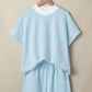 Pink Stripe Cuffed Sleeve Contrast Mock Neck Tee Casual 2pcs Short Set