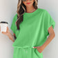 Light Blue Solid Color Puffy Loose Top Drawstring Shorts 2pcs Outfit