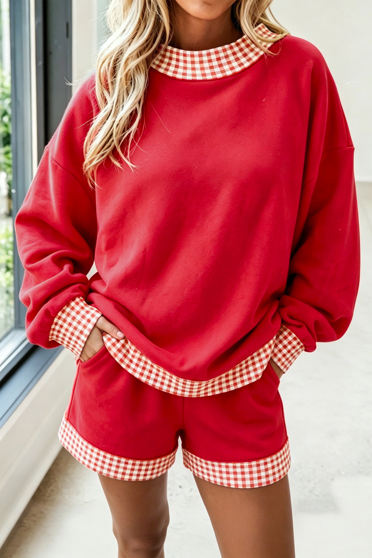 Carrot Gingham Trim Baggy Pullover 2pcs Short Set