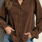 Coffee Solid Color Ruffle Trim V Neck Long Sleeve Button Corduroy Shakcet
