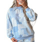 Sky Blue Patchwork Floral Print Drop Shoulder Baggy Pullover Drawstring Shorts Set