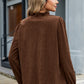 Coffee Solid Color Ruffle Trim V Neck Long Sleeve Button Corduroy Shakcet