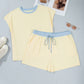 Yellow Cream Plus Size Ribbed Color Block Trim Drawstring Shorts 2pcs Set
