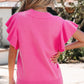 Bright Green Solid Color Ribbed Trim Round Neck Ruffle Short Sleeve Sweater