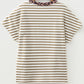 Khaki Stripe Leopard Patchwork Round Neck Loose T Shirt