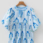 Sky Blue Floral Print Tie Neck Puff Sleeve Blouse