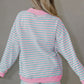 Pink Stripe Color Block Detail Long Sleeve Pullover Elastic Waist Pull On Shorts 2pcs Set
