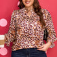 Brown Plus Size Leopard Frilled Stand Neck Blouse