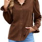 Coffee Solid Color Ruffle Trim V Neck Long Sleeve Button Corduroy Shakcet