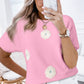 Pink Flower Pattern Short Sleeve Knitted Top