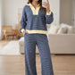 Blue Stripe Color Block Patchwork Zip V Neck Pullover Loose Pants 2pcs Set