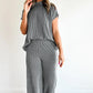 Burgundy Twisted Ribbed High Neck Loose Tee Elastic High Waist Loose Pant Set