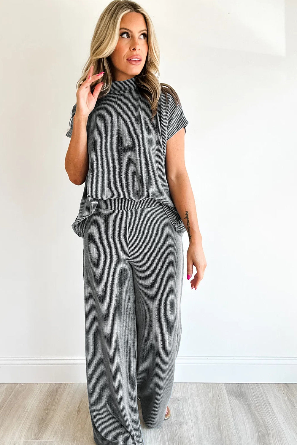 Burgundy Twisted Ribbed High Neck Loose Tee Elastic High Waist Loose Pant Set