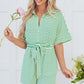 Green Stripe Textured Short Sleeve Collared Buttoned Waist Tie Romper