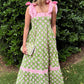 Green Floral Print Striped Detail Knot Straps Maxi Dress
