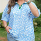 Sky Blue Striped V Neckline Half Sleeve Plus Size Leopard Blouse