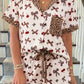 White Chic Bow Cherry Printed Leopard Contrast Patchwork Shirt Drawstring Shorts 2pcs PJ Set