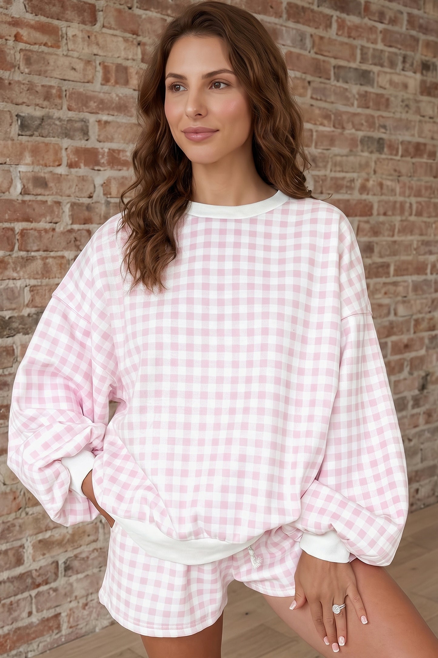 Pink Plaid Baggy Pullover Drawstring Casual Shorts 2pcs Outfit