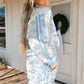 Sky Blue Floral Print Striped Detail Long Sleeve Top Ruffle Hem Shorts 2pcs Set