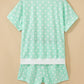 Green Polka Dot Print Color Block Trim Mock Neck Short Set