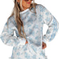 Sky Blue Floral Print Striped Detail Long Sleeve Top Ruffle Hem Shorts 2pcs Set