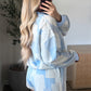 Sky Blue Patchwork Floral Print Drop Shoulder Baggy Pullover Drawstring Shorts Set