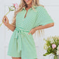 Green Stripe Textured Short Sleeve Collared Buttoned Waist Tie Romper