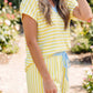 Yellow Stripe Colorblock Trim V Neck Tee Drawstring Elastic Waist Short Set